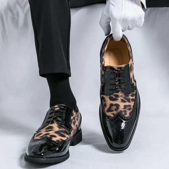 OUKU Men's Leopard Print Oxford Shoes - Patent Faux Leather Accents with Brogue Detailing for Formal and Party Occasions