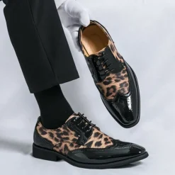OUKU Men's Leopard Print Oxford Shoes - Patent Faux Leather Accents with Brogue Detailing for Formal and Party Occasions