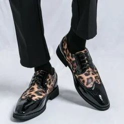 OUKU Men's Leopard Print Oxford Shoes - Patent Faux Leather Accents with Brogue Detailing for Formal and Party Occasions