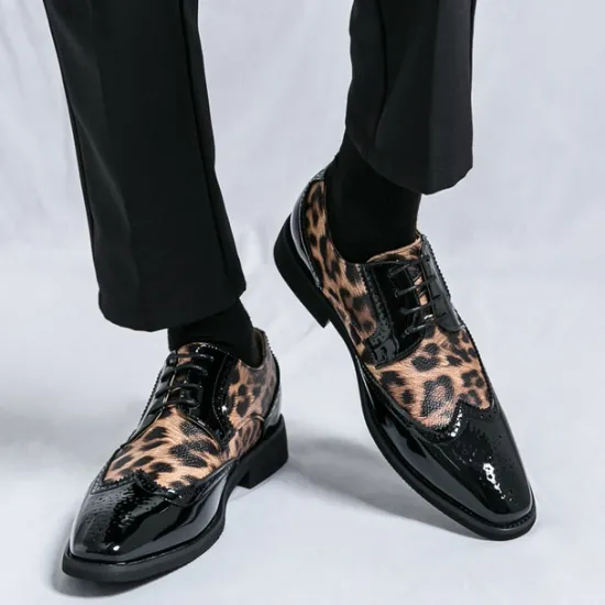 OUKU Men's Leopard Print Oxford Shoes - Patent Faux Leather Accents with Brogue Detailing for Formal and Party Occasions