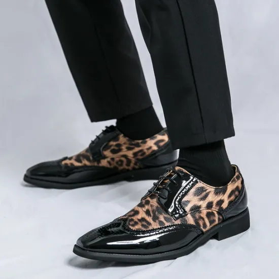 OUKU Men's Leopard Print Oxford Shoes - Patent Faux Leather Accents with Brogue Detailing for Formal and Party Occasions
