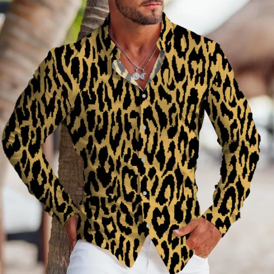 Online OUKU Men's Leopard Shirt Button Up Shirt Long Sleeve Tropical Fashion Designer Outdoor Casual Daily Fall & Winter Turndown Print Button-Down White Yellow Blue Green
