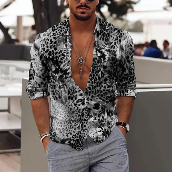 Hot OUKU Men's Leopard Shirt Button Up Shirt Long Sleeve Fashion Designer Casual Outdoor Vacation Daily Spring & Summer Stand Collar 3D Print Button-Down Black Red Purple Brown Green