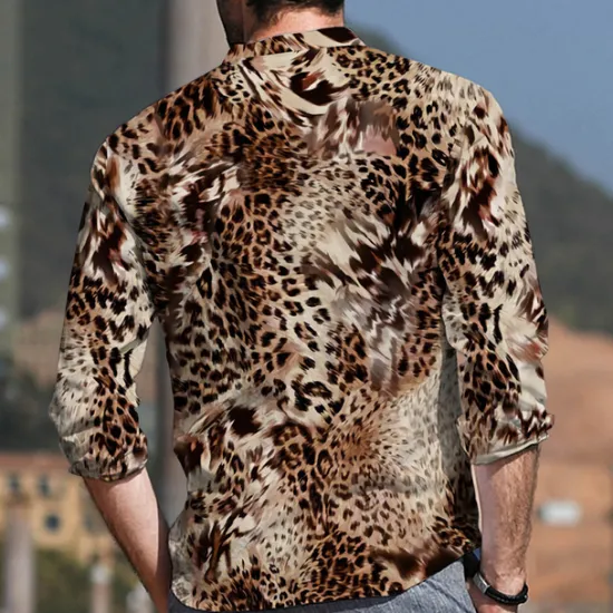 Hot OUKU Men's Leopard Shirt Button Up Shirt Long Sleeve Fashion Designer Casual Outdoor Vacation Daily Spring & Summer Stand Collar 3D Print Button-Down Black Red Purple Brown Green