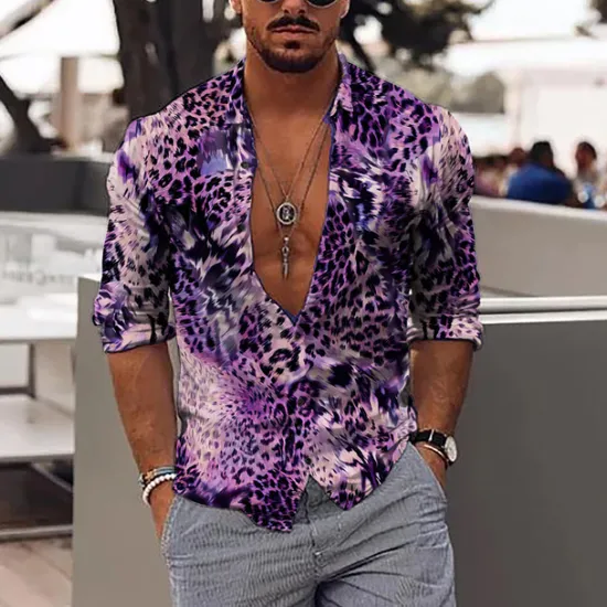 Hot OUKU Men's Leopard Shirt Button Up Shirt Long Sleeve Fashion Designer Casual Outdoor Vacation Daily Spring & Summer Stand Collar 3D Print Button-Down Black Red Purple Brown Green