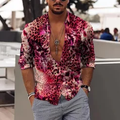 Hot OUKU Men's Leopard Shirt Button Up Shirt Long Sleeve Fashion Designer Casual Outdoor Vacation Daily Spring & Summer Stand Collar 3D Print Button-Down Black Red Purple Brown Green