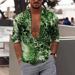 Hot OUKU Men's Leopard Shirt Button Up Shirt Long Sleeve Fashion Designer Casual Outdoor Vacation Daily Spring & Summer Stand Collar 3D Print Button-Down Black Red Purple Brown Green