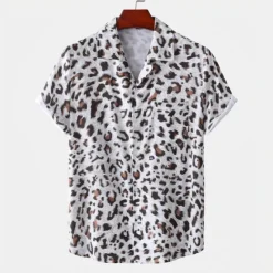 Clearance OUKU Men's Leopard Shirt Button Up Shirt Short Sleeve Tropical Hawaiian Designer Casual Daily Holiday Turndown Black / Gray White Pink Navy Blue Blue