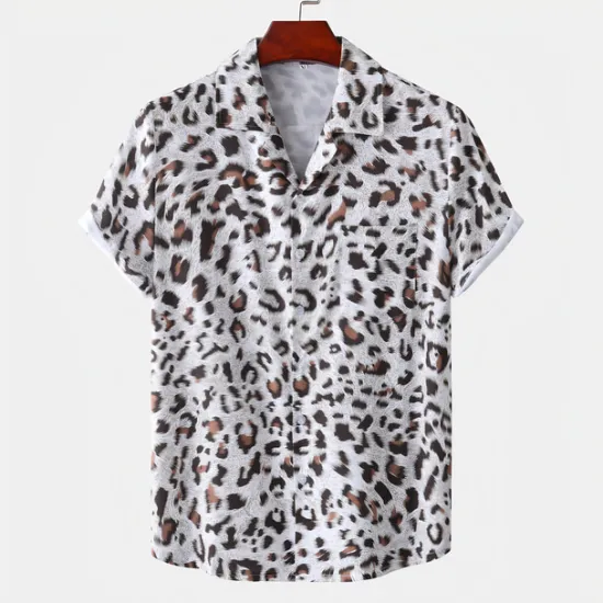 Clearance OUKU Men's Leopard Shirt Button Up Shirt Short Sleeve Tropical Hawaiian Designer Casual Daily Holiday Turndown Black / Gray White Pink Navy Blue Blue