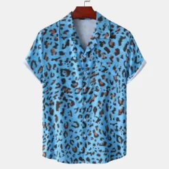 Clearance OUKU Men's Leopard Shirt Button Up Shirt Short Sleeve Tropical Hawaiian Designer Casual Daily Holiday Turndown Black / Gray White Pink Navy Blue Blue
