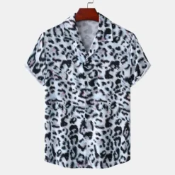 Clearance OUKU Men's Leopard Shirt Button Up Shirt Short Sleeve Tropical Hawaiian Designer Casual Daily Holiday Turndown Black / Gray White Pink Navy Blue Blue