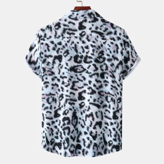 Clearance OUKU Men's Leopard Shirt Button Up Shirt Short Sleeve Tropical Hawaiian Designer Casual Daily Holiday Turndown Black / Gray White Pink Navy Blue Blue