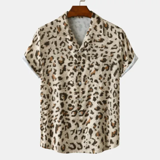 Clearance OUKU Men's Leopard Shirt Button Up Shirt Short Sleeve Tropical Hawaiian Designer Casual Daily Holiday Turndown Black / Gray White Pink Navy Blue Blue