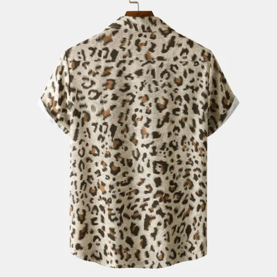 Clearance OUKU Men's Leopard Shirt Button Up Shirt Short Sleeve Tropical Hawaiian Designer Casual Daily Holiday Turndown Black / Gray White Pink Navy Blue Blue