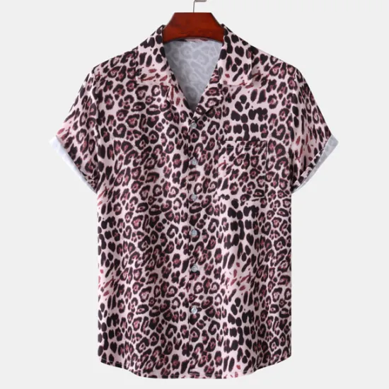 Clearance OUKU Men's Leopard Shirt Button Up Shirt Short Sleeve Tropical Hawaiian Designer Casual Daily Holiday Turndown Black / Gray White Pink Navy Blue Blue