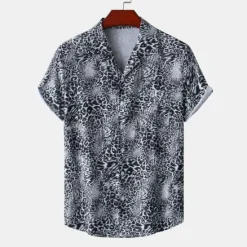 Clearance OUKU Men's Leopard Shirt Button Up Shirt Short Sleeve Tropical Hawaiian Designer Casual Daily Holiday Turndown Black / Gray White Pink Navy Blue Blue