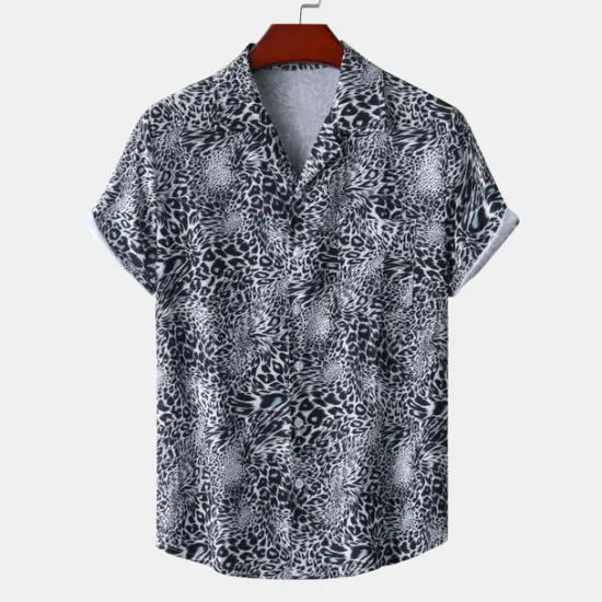 Clearance OUKU Men's Leopard Shirt Button Up Shirt Short Sleeve Tropical Hawaiian Designer Casual Daily Holiday Turndown Black / Gray White Pink Navy Blue Blue