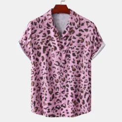 Clearance OUKU Men's Leopard Shirt Button Up Shirt Short Sleeve Tropical Hawaiian Designer Casual Daily Holiday Turndown Black / Gray White Pink Navy Blue Blue