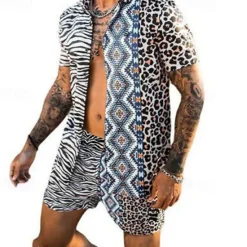 Best OUKU Men's Leopard Zebra 2pcs Shirts Sets Summer Hawaiian Shirt Short Sleeve Short Pants Turndown Fashion Hawaiian Casual Outdoor Vacation Beach 3D Print Button-Down Summer Spring Black Yellow Pink