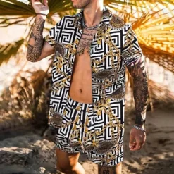 Best OUKU Men's Leopard Zebra 2pcs Shirts Sets Summer Hawaiian Shirt Short Sleeve Short Pants Turndown Fashion Hawaiian Casual Outdoor Vacation Beach 3D Print Button-Down Summer Spring Black Yellow Pink