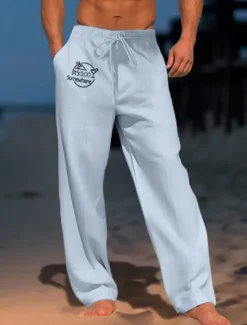 Hot OUKU Men's Letter Graphic Prints Trousers Summer Pants Beach Pants Mid Waist Streetwear Hawaiian Designer Casual Daily Holiday Drawstring Elastic Waist 3D Print Spring & Summer 3D Print White Light Green