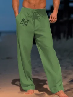 Hot OUKU Men's Letter Graphic Prints Trousers Summer Pants Beach Pants Mid Waist Streetwear Hawaiian Designer Casual Daily Holiday Drawstring Elastic Waist 3D Print Spring & Summer 3D Print White Light Green