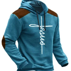 Online OUKU Men's Letter Graphic Prints Hoodie Hoodies Waffle Hoodie Daily Classic Long Sleeve Hooded Holiday Going out Streetwear Navy Blue Blue Print Spring & Fall Designer