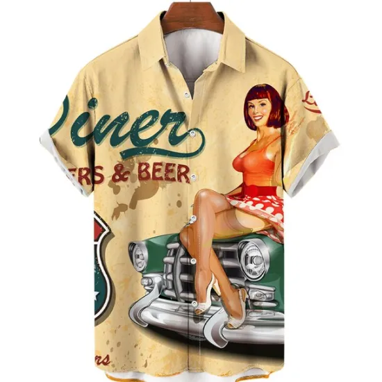 Best OUKU Men's Letter Motorcycle Pin Up Girl Shirt Summer Hawaiian Shirt Aloha Shirt Short Sleeves Shirt Turndown Vintage Tropical Fashion Street Casual Hawaiian Light Yellow Black Yellow S M L
