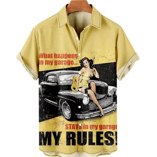 Best OUKU Men's Letter Motorcycle Pin Up Girl Shirt Summer Hawaiian Shirt Aloha Shirt Short Sleeves Shirt Turndown Vintage Tropical Fashion Street Casual Hawaiian Light Yellow Black Yellow S M L