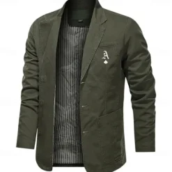Discount OUKU Men's Letter Print Cotton Suit Jacket Suits Coat Blazer Casual Outdoor Dailywear Long Sleeve Notch Lapel Collar Outwear Pockets Button Down Stripe Lined Suit Jacket Fall Winter Black khaki Army Green