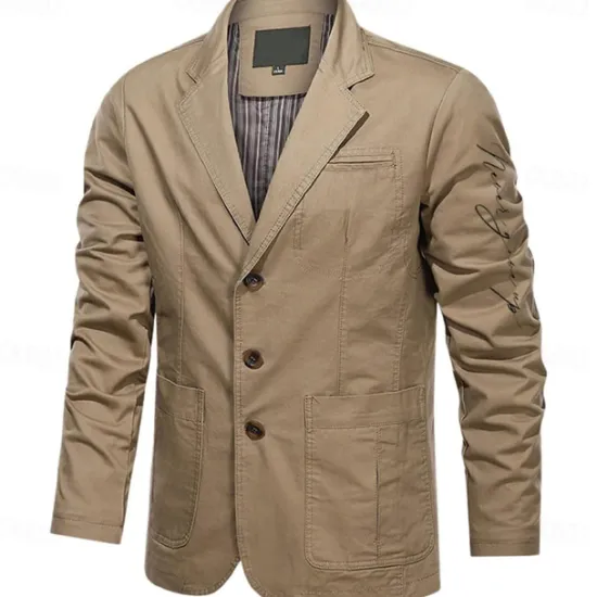Sale OUKU Men's Letter Print Cotton Suit Jacket Suits Coat Blazer Casual Outdoor Dailywear Long Sleeve Notch Lapel Collar Outwear Pockets Button Down Stripe Lined Suit Jacket Fall Winter Black khaki Army Green