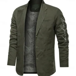 Sale OUKU Men's Letter Print Cotton Suit Jacket Suits Coat Blazer Casual Outdoor Dailywear Long Sleeve Notch Lapel Collar Outwear Pockets Button Down Stripe Lined Suit Jacket Fall Winter Black khaki Army Green