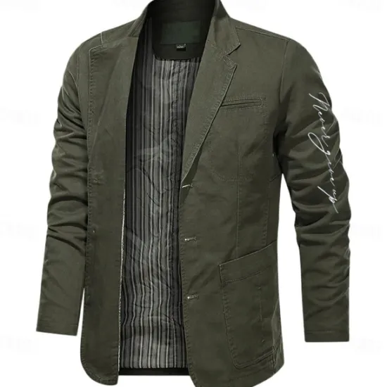 Sale OUKU Men's Letter Print Cotton Suit Jacket Suits Coat Blazer Casual Outdoor Dailywear Long Sleeve Notch Lapel Collar Outwear Pockets Button Down Stripe Lined Suit Jacket Fall Winter Black khaki Army Green