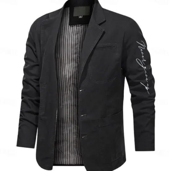 Sale OUKU Men's Letter Print Cotton Suit Jacket Suits Coat Blazer Casual Outdoor Dailywear Long Sleeve Notch Lapel Collar Outwear Pockets Button Down Stripe Lined Suit Jacket Fall Winter Black khaki Army Green