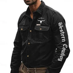 Best OUKU Men's Letter Printed Cowboy Work Shirt Western Shirt Cargo Shirt Long Sleeve Casual Tactical Sports & Outdoor Going out Winter Spring & Fall Turndown Print Black