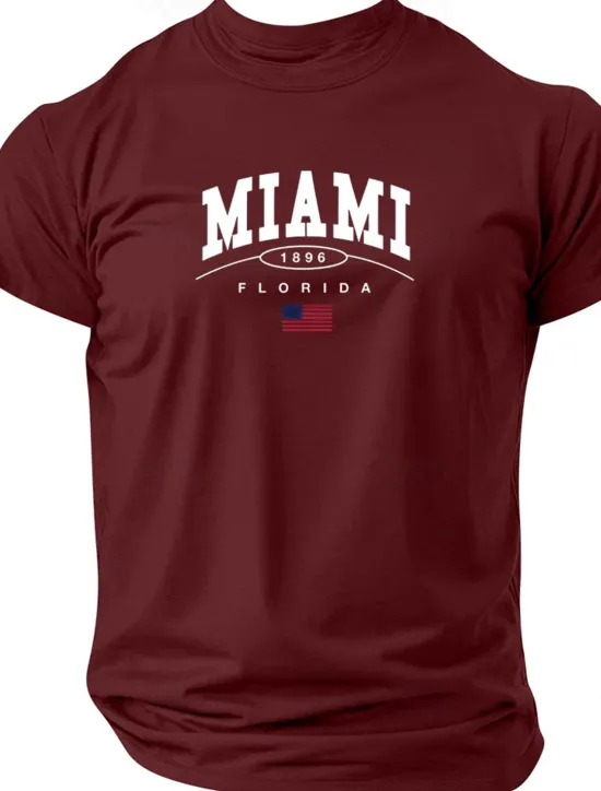 New OUKU Men's Letter Printed Miami T Shirt Tee Top 100% Cotton Short Sleeve Graphic Shirt Black Wine Dark Blue Comfortable Tee Street Sports Outdoor Fashion Designer Clothing