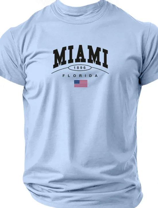 New OUKU Men's Letter Printed Miami T Shirt Tee Top 100% Cotton Short Sleeve Graphic Shirt Black Wine Dark Blue Comfortable Tee Street Sports Outdoor Fashion Designer Clothing