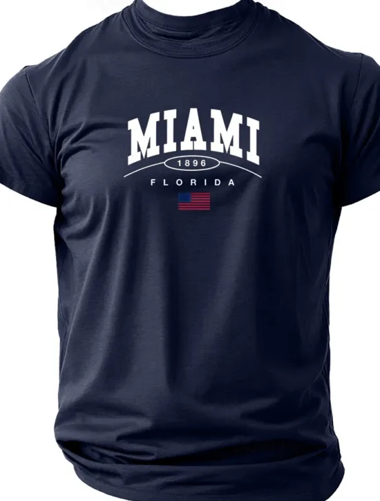 New OUKU Men's Letter Printed Miami T Shirt Tee Top 100% Cotton Short Sleeve Graphic Shirt Black Wine Dark Blue Comfortable Tee Street Sports Outdoor Fashion Designer Clothing