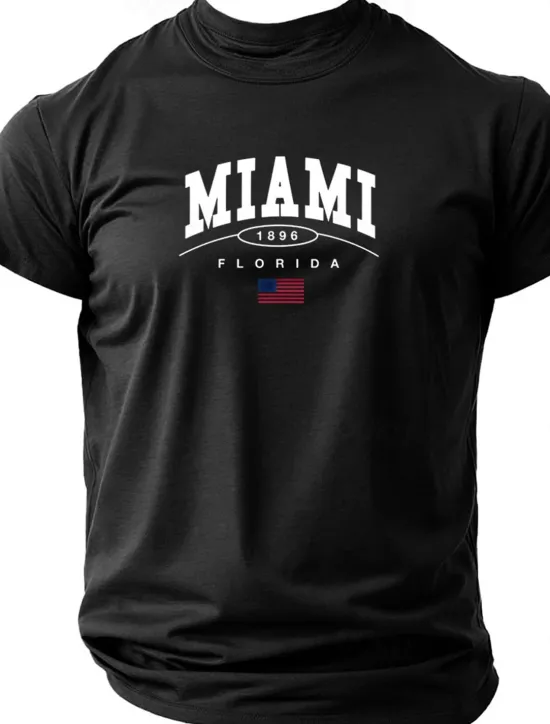 New OUKU Men's Letter Printed Miami T Shirt Tee Top 100% Cotton Short Sleeve Graphic Shirt Black Wine Dark Blue Comfortable Tee Street Sports Outdoor Fashion Designer Clothing
