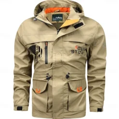 Discount OUKU Men's Letter Printed Outdoor Jacket Coat Tactical Practical Casual Sports Outdoor Daily Wear Side Pockets Zip Front Adjustable Drawstring Hood Fall Winter Standing Collar Long Sleeve khaki Army Green