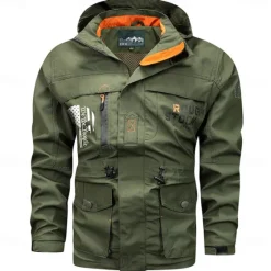 Discount OUKU Men's Letter Printed Outdoor Jacket Coat Tactical Practical Casual Sports Outdoor Daily Wear Side Pockets Zip Front Adjustable Drawstring Hood Fall Winter Standing Collar Long Sleeve khaki Army Green