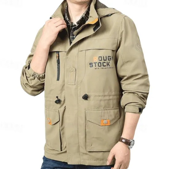 Discount OUKU Men's Letter Printed Outdoor Jacket Coat Tactical Practical Casual Sports Outdoor Daily Wear Side Pockets Zip Front Adjustable Drawstring Hood Fall Winter Standing Collar Long Sleeve khaki Army Green