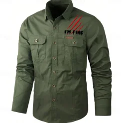 Online OUKU Men's Letter Printed Work Shirt Western Shirt Cargo Shirt Long Sleeve Casual Tactical Sports & Outdoor Going out Winter Spring & Fall Turndown Print Black Army Green Khaki Beige