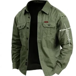 Online OUKU Men's Letter Printed Work Shirt Western Shirt Cargo Shirt Long Sleeve Casual Tactical Sports & Outdoor Going out Winter Spring & Fall Turndown Print Army Green Blue Khaki