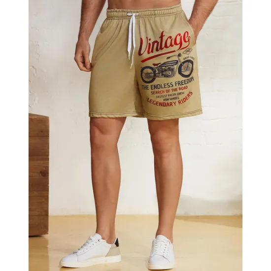 Online OUKU Men's Letter Vintage Motorcycle Sweat Shorts Beach Shorts Terry Shorts Mid Waist Vintage Casual Daily Holiday Streetwear Drawstring Elastic Waist 3D Print Designer Clothing Apparel