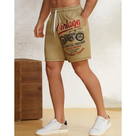 Online OUKU Men's Letter Vintage Motorcycle Sweat Shorts Beach Shorts Terry Shorts Mid Waist Vintage Casual Daily Holiday Streetwear Drawstring Elastic Waist 3D Print Designer Clothing Apparel
