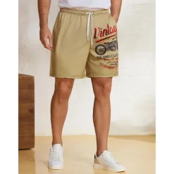 Online OUKU Men's Letter Vintage Motorcycle Sweat Shorts Beach Shorts Terry Shorts Mid Waist Vintage Casual Daily Holiday Streetwear Drawstring Elastic Waist 3D Print Designer Clothing Apparel