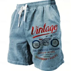 Online OUKU Men's Letter Vintage Motorcycle Sweat Shorts Beach Shorts Terry Shorts Mid Waist Vintage Casual Daily Holiday Streetwear Drawstring Elastic Waist 3D Print Designer Clothing Apparel