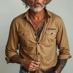 Discount OUKU Men's Letter Western Shirt Cowboy Shirt Long Sleeve Vintage Western Style Tribal Outdoor Vacation Horse Race Spring & Summer Turndown Print Button-Down Khaki