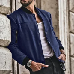 Sale OUKU Men's Lightweight Jacket Bomber Jacket Bomber Leather Jacket Daily Vacation Soft Pocket Spring & Fall Plain Fashion Classic Stand Collar Regular Apricot Black Red Navy Blue Brown Jacket